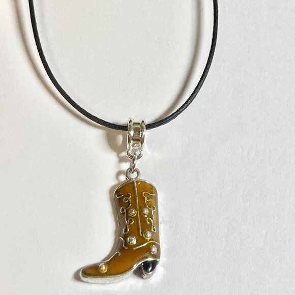 Cowboy Boot Necklace Cowgirl Brown Enamel Country Western Black Cord 16-18" - Picture 4 of 9